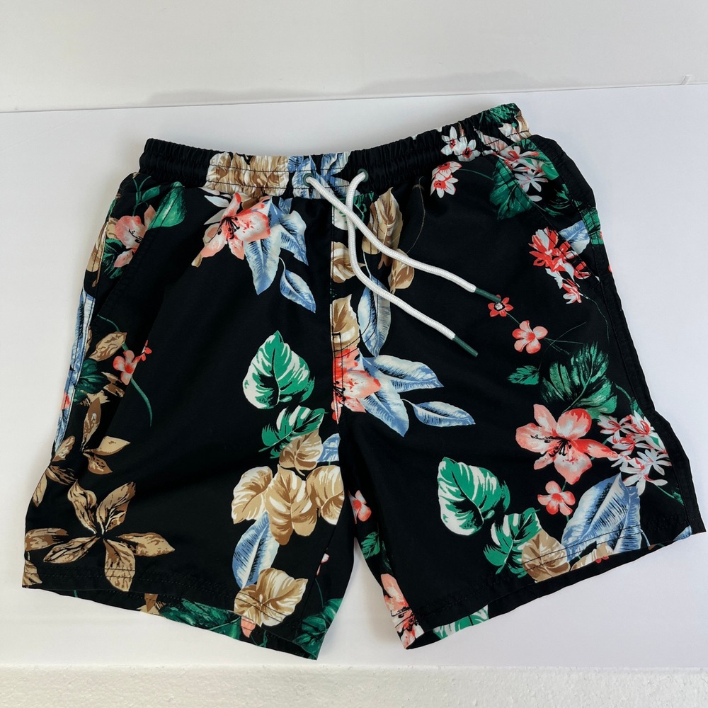 No Boundaries Men's Swim Trunks Small‎ Black Tropical Floral Drawstring Lined